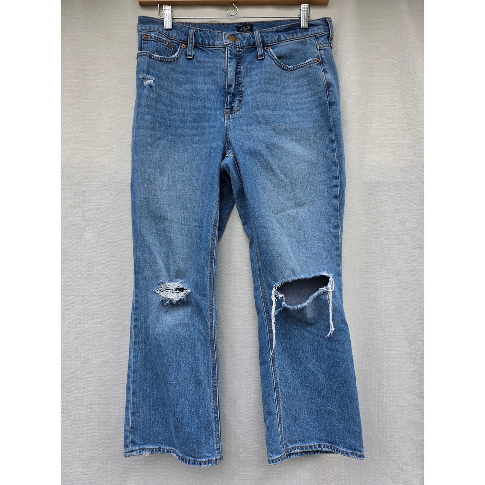 J Crew 90s Grunge Mid Rise Crop Kick Flare Jeans 31 Medium Wash Distressed BO748